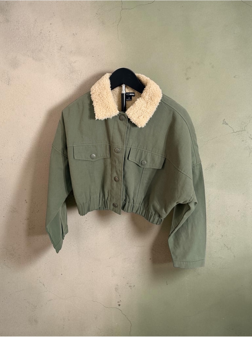 Fashion Nova Olive Green Cropped Jacket with Cream Sherpa Collar